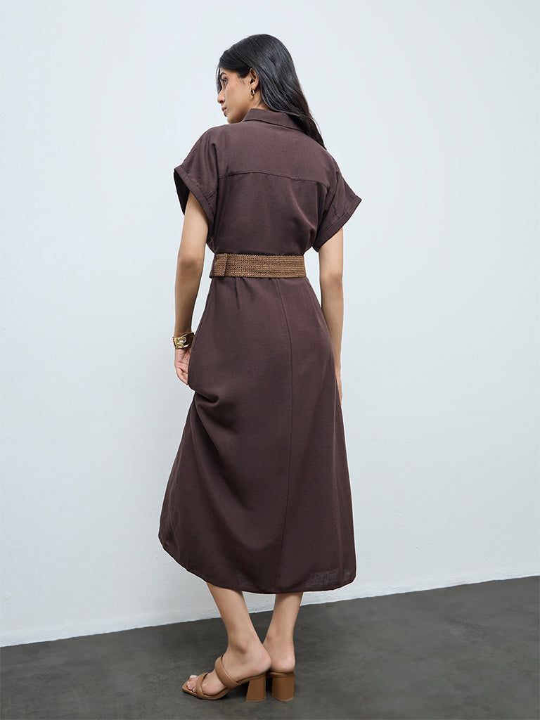 LOV Brown Pintuck Detailed Shirt Dress with Belt
