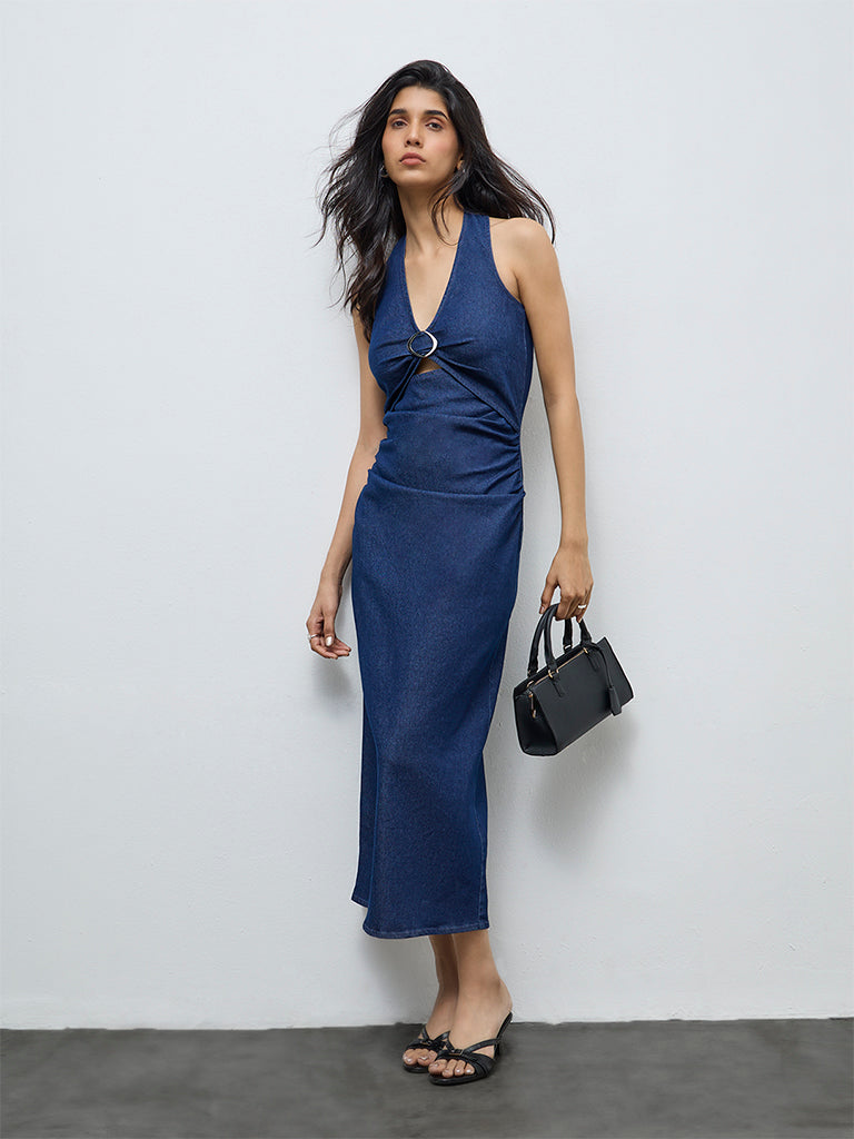 LOV Blue Ruched Detailed Denim Straight Dress