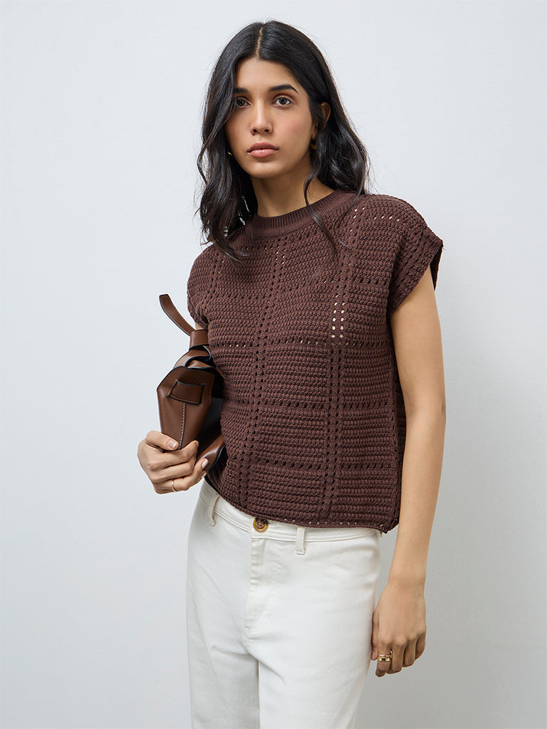 LOV Dark Brown Crochet Knit-Textured Top