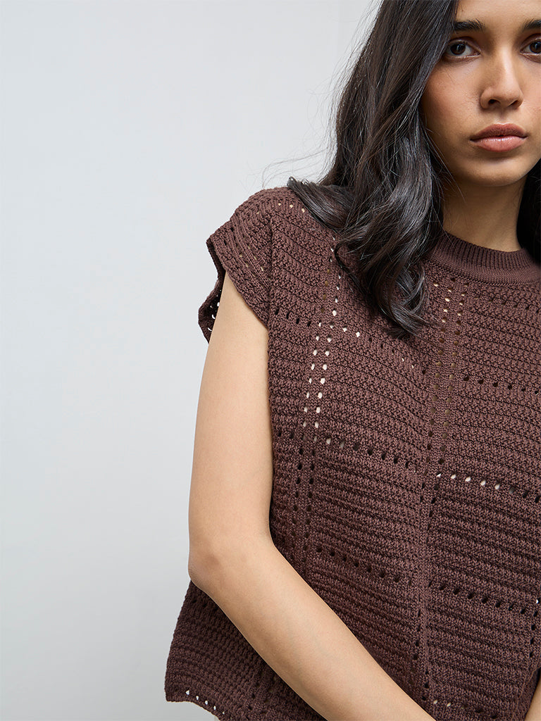 LOV Dark Brown Crochet Knit-Textured Top
