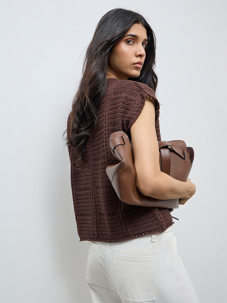 LOV Dark Brown Crochet Knit-Textured Top
