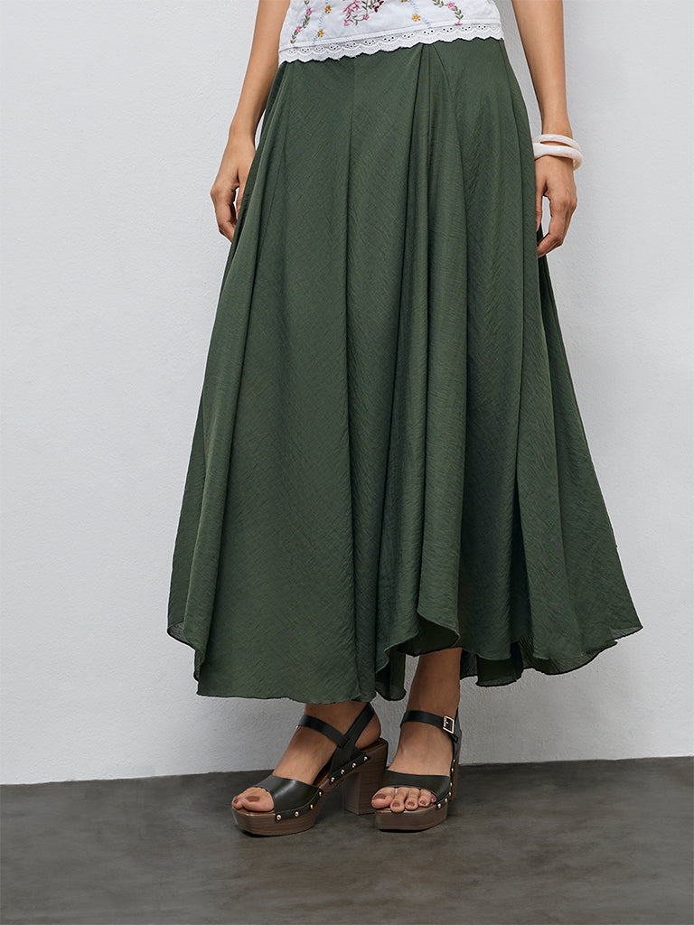 LOV Olive Textured High-Rise Maxi Skirt