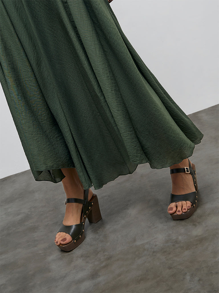 LOV Olive Textured High-Rise Maxi Skirt