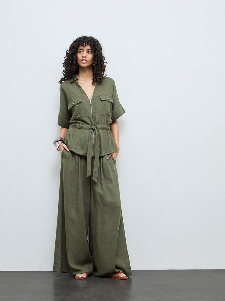 LOV Olive Solid High-Rise Flared Cotton-Blend Pants