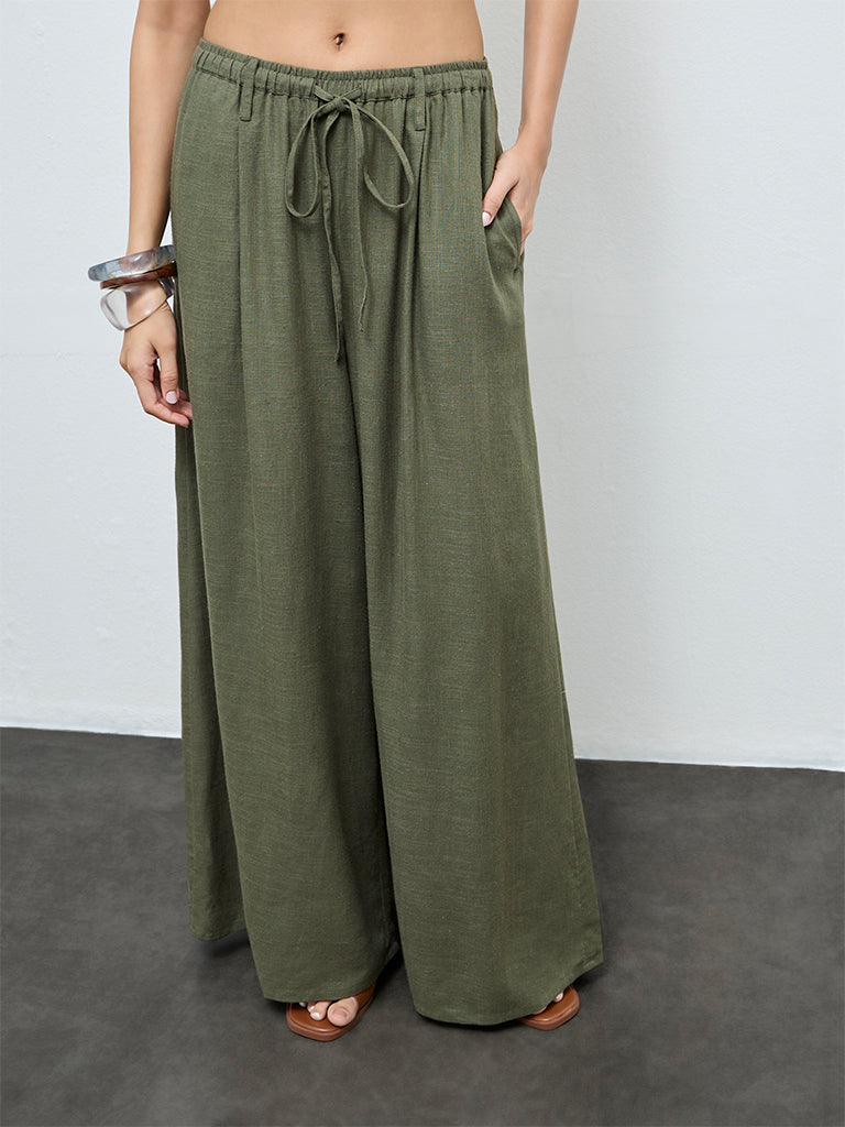 LOV Olive Solid High-Rise Flared Cotton-Blend Pants