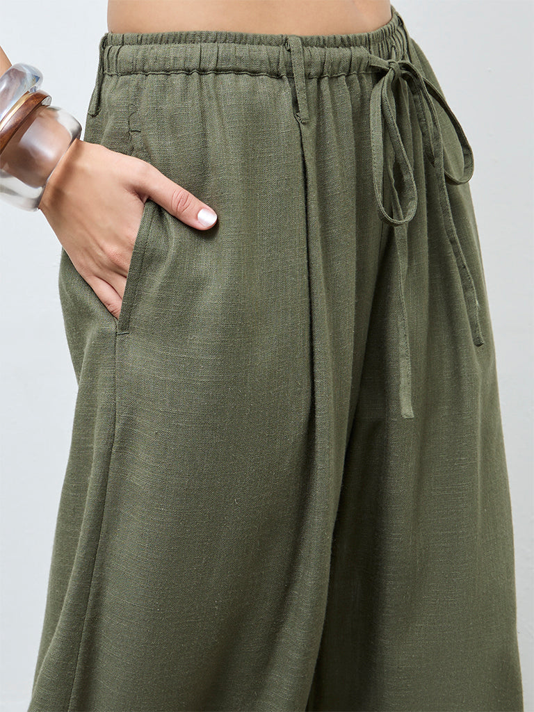 LOV Olive Solid High-Rise Flared Cotton-Blend Pants