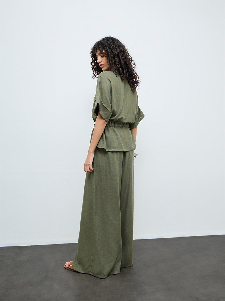 LOV Olive Solid High-Rise Flared Cotton-Blend Pants
