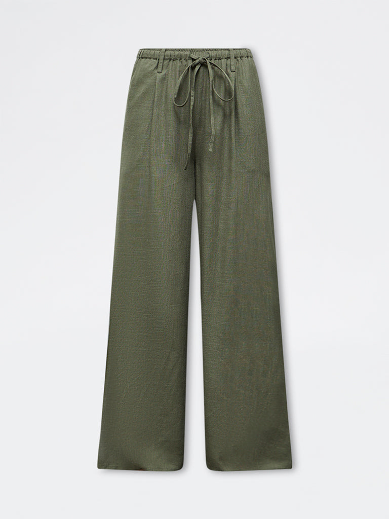 LOV Olive Solid High-Rise Flared Cotton-Blend Pants