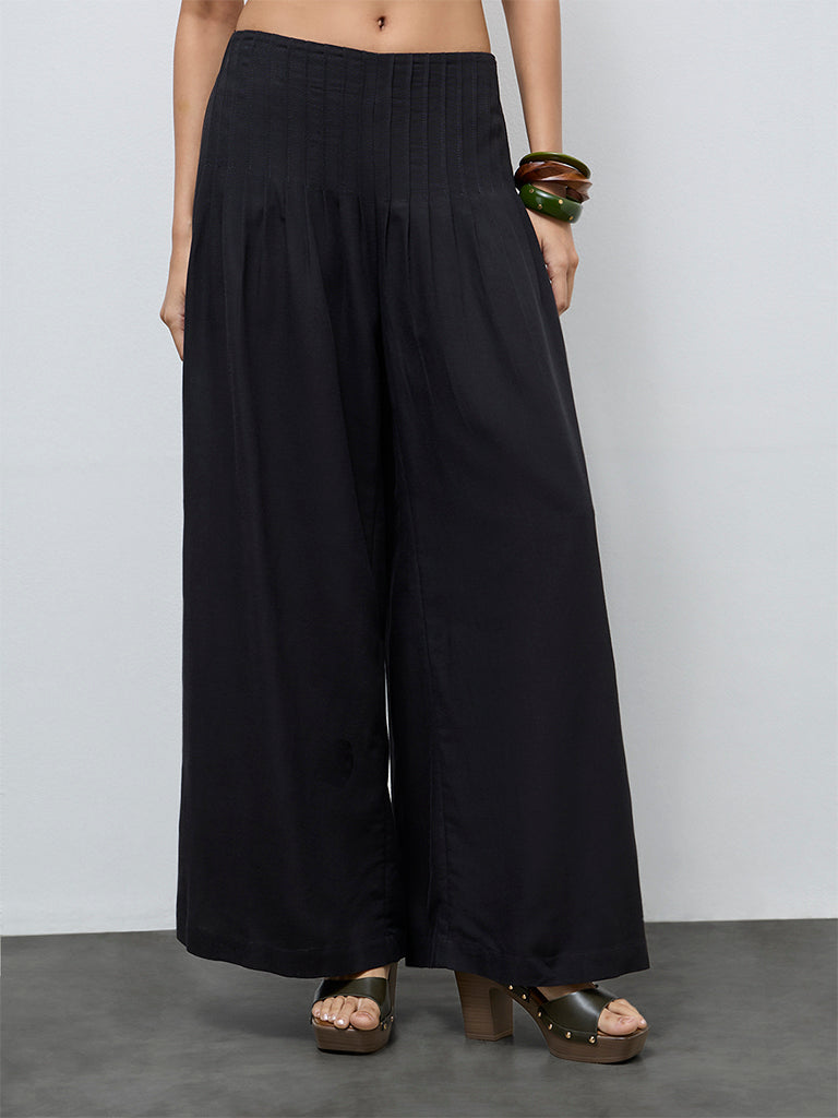LOV Black Pintuck-Detailed High-Rise Pants