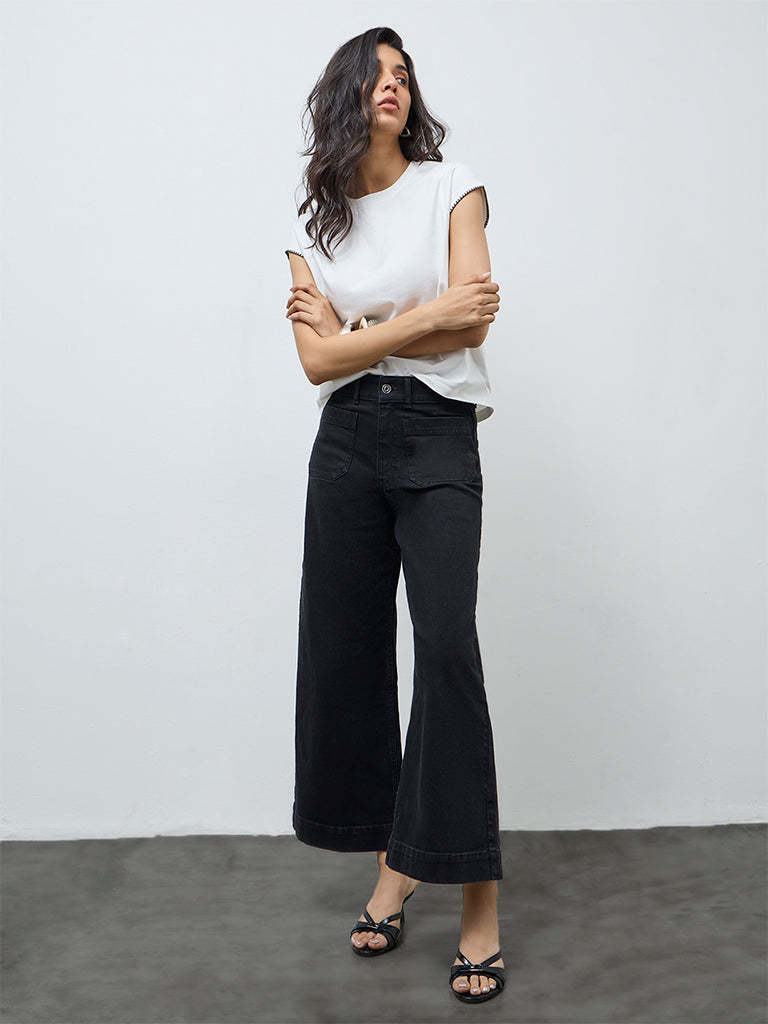 LOV Black Solid High-Rise Flared Jeans