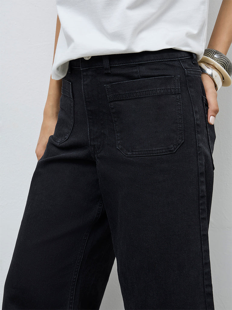 LOV Black Solid High-Rise Flared Jeans