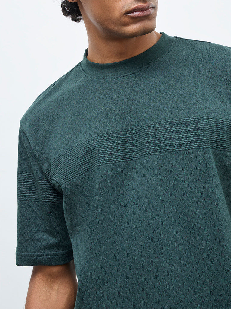 WES Lounge Green Textured Relaxed-Fit Cotton T-Shirt