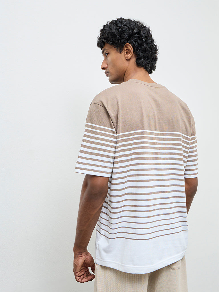 WES Lounge Beige Striped Relaxed-Fit Cotton-Blend T-Shirt