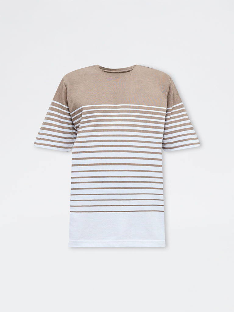 WES Lounge Beige Striped Relaxed-Fit Cotton-Blend T-Shirt