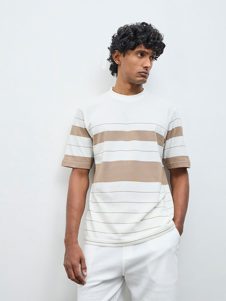 WES Lounge Beige Striped Relaxed-Fit Cotton T-Shirt