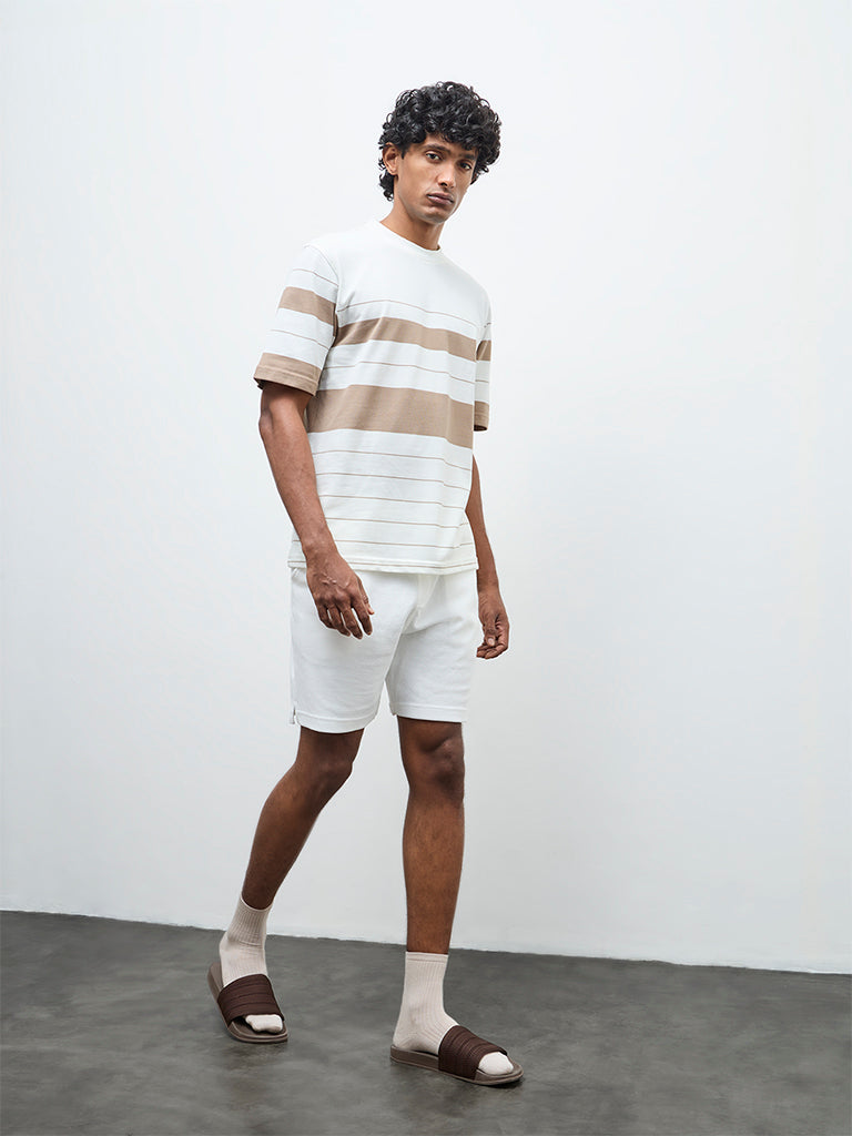 WES Lounge Beige Striped Relaxed-Fit Cotton T-Shirt