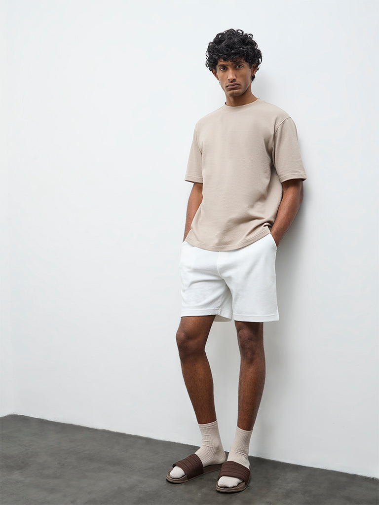 WES Lounge Beige Textured Relaxed-Fit Cotton T-Shirt
