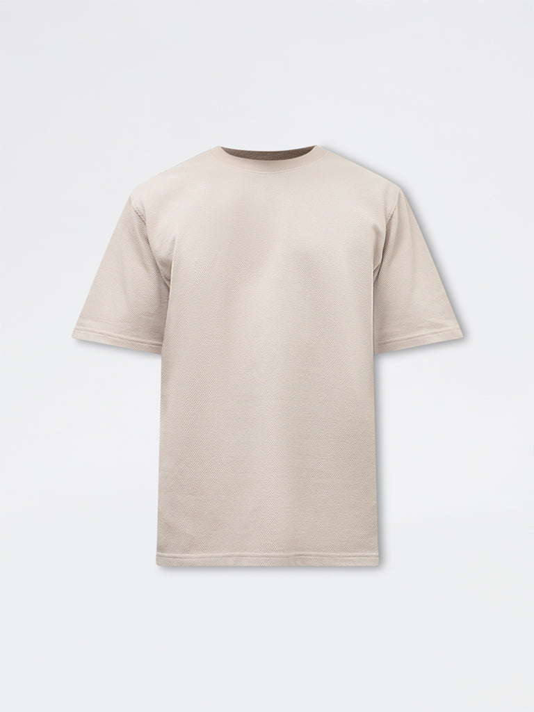 WES Lounge Beige Textured Relaxed-Fit Cotton T-Shirt