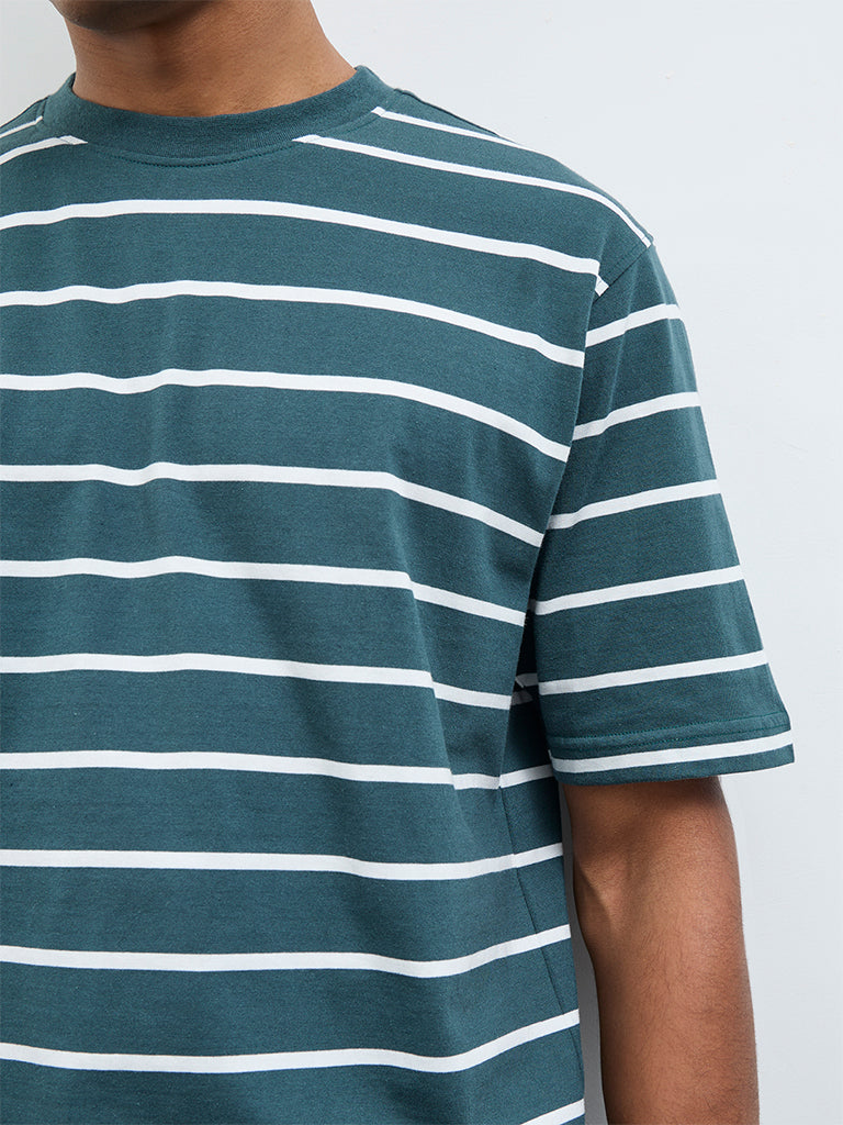 WES Lounge Green Striped Relaxed-Fit Cotton T-Shirt