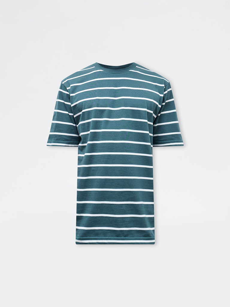 WES Lounge Green Striped Relaxed-Fit Cotton T-Shirt