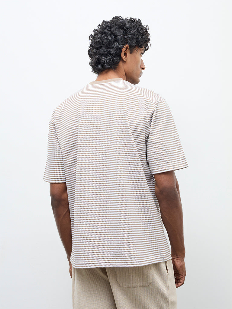 WES Lounge Beige Striped Relaxed-Fit Cotton T-Shirt