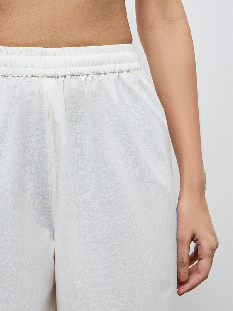 Zuba Off-White Solid Cotton-Blend Pants
