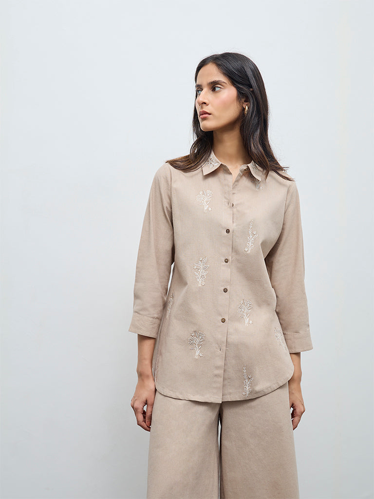 Zuba Beige Floral Embroidered Cotton-Blend Tunic