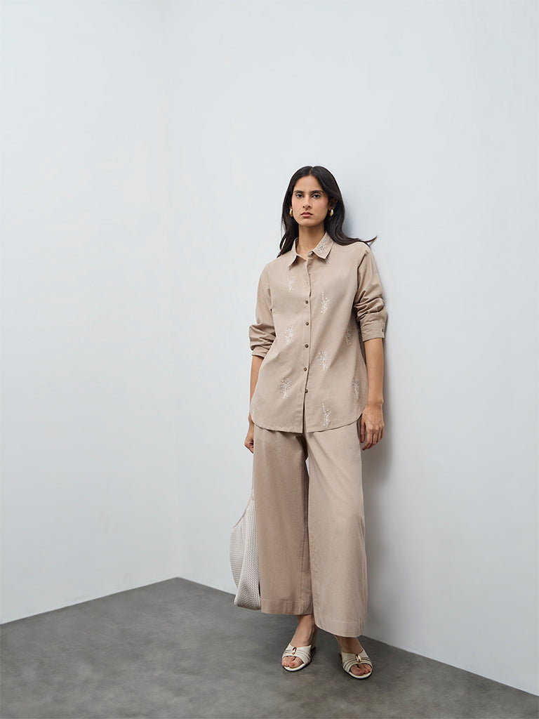 Zuba Beige Floral Embroidered Cotton-Blend Tunic