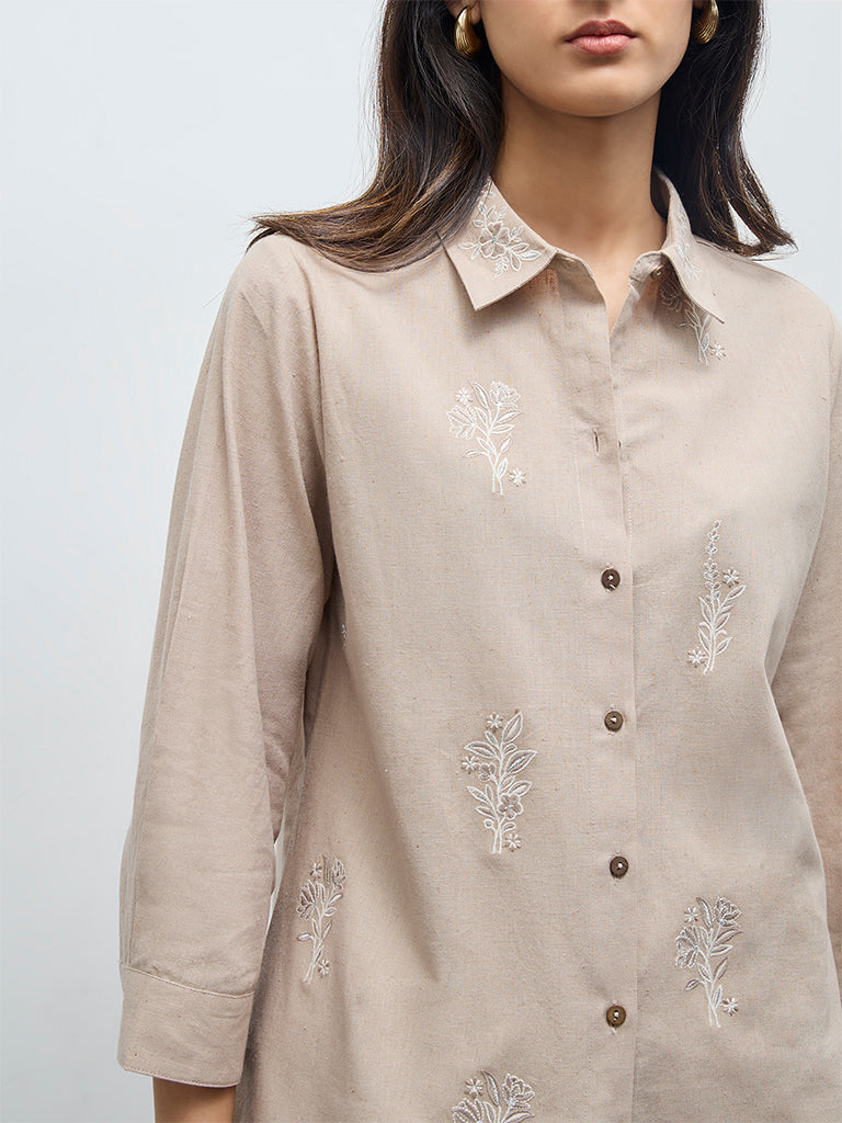Zuba Beige Floral Embroidered Cotton-Blend Tunic