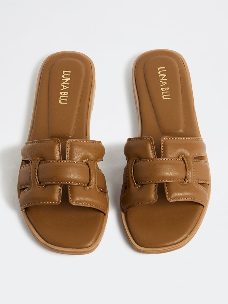 LUNA BLU Tan Criss-Cross Strap Slides