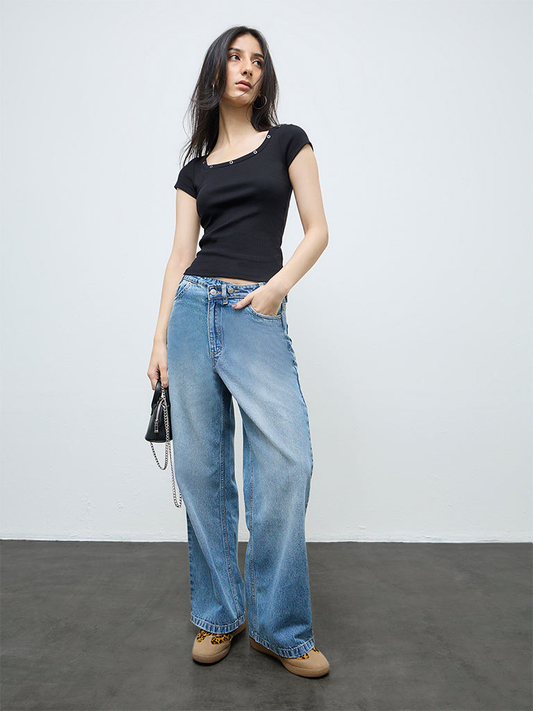 Nuon Blue Washed High-Rise Flared Jeans