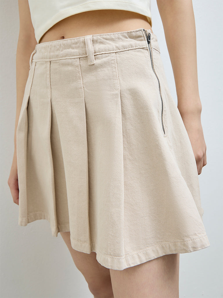 Nuon Beige Box-Pleated High-Rise Denim Skirt