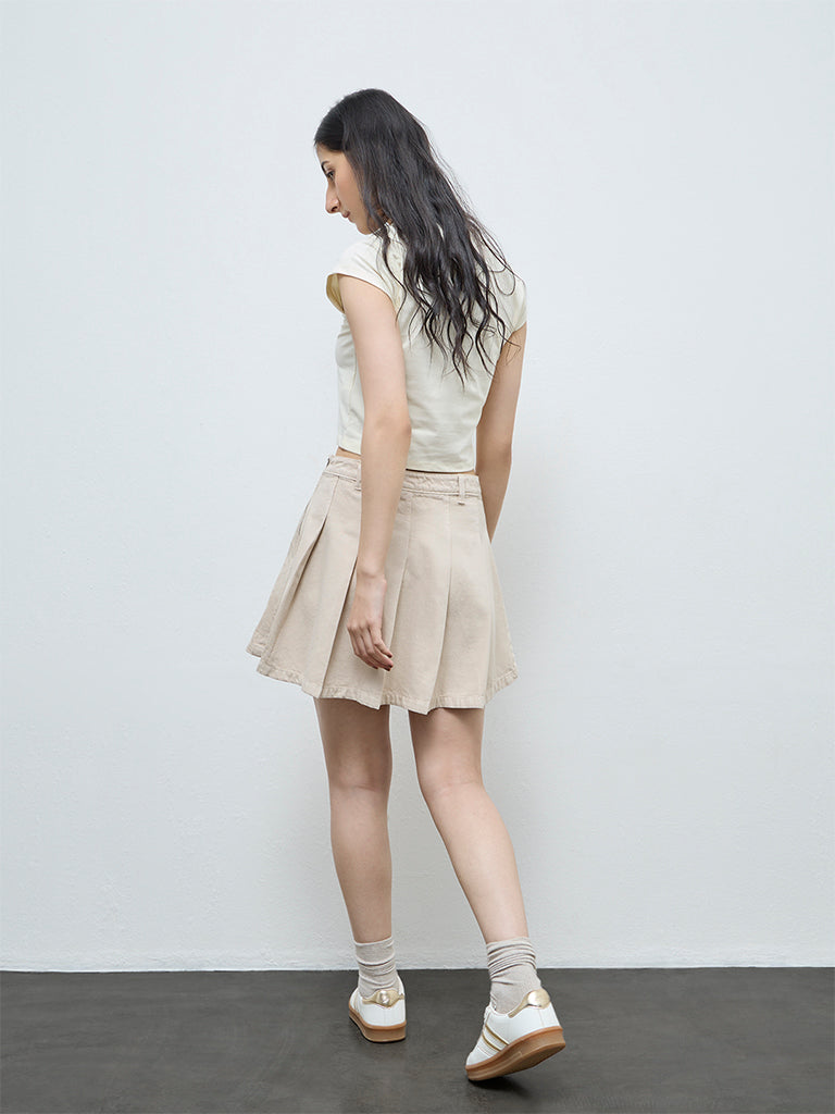 Nuon Beige Box-Pleated High-Rise Denim Skirt