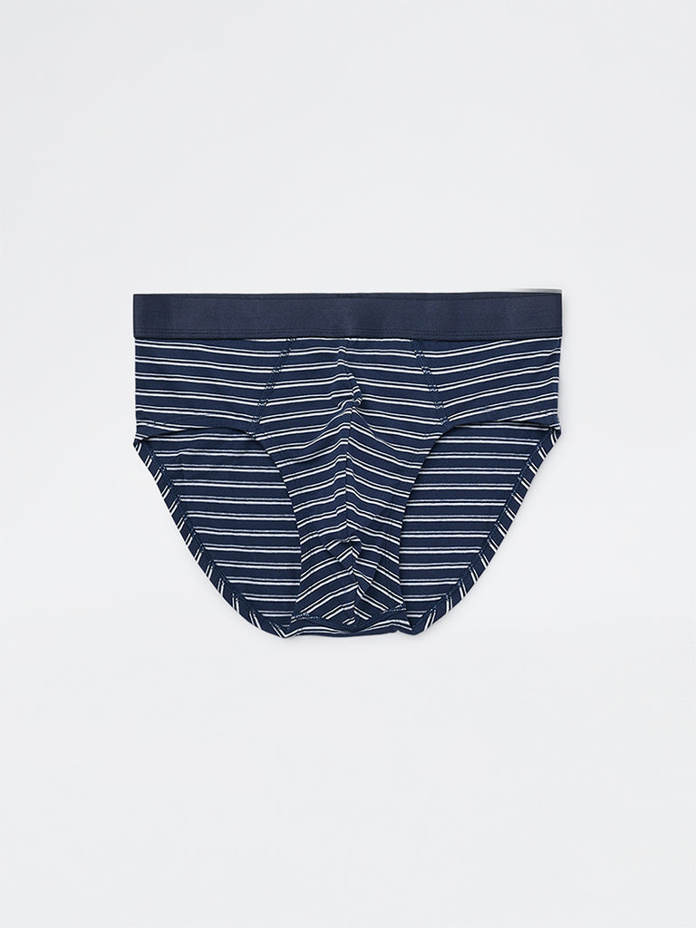 WES Lounge Blue Striped Cotton-Blend Briefs - Pack of 3