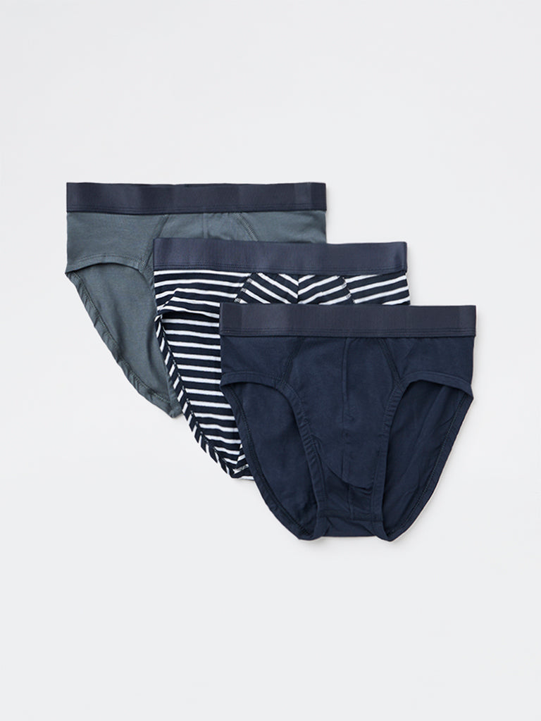 WES Lounge Dark Navy Striped Cotton-Blend Briefs - Pack of 3