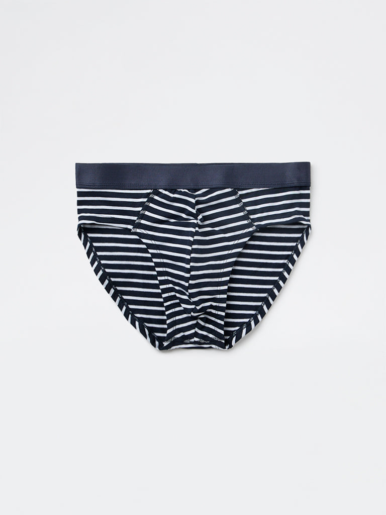 WES Lounge Dark Navy Striped Cotton-Blend Briefs - Pack of 3