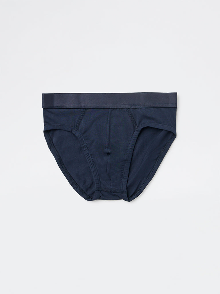 WES Lounge Dark Navy Striped Cotton-Blend Briefs - Pack of 3