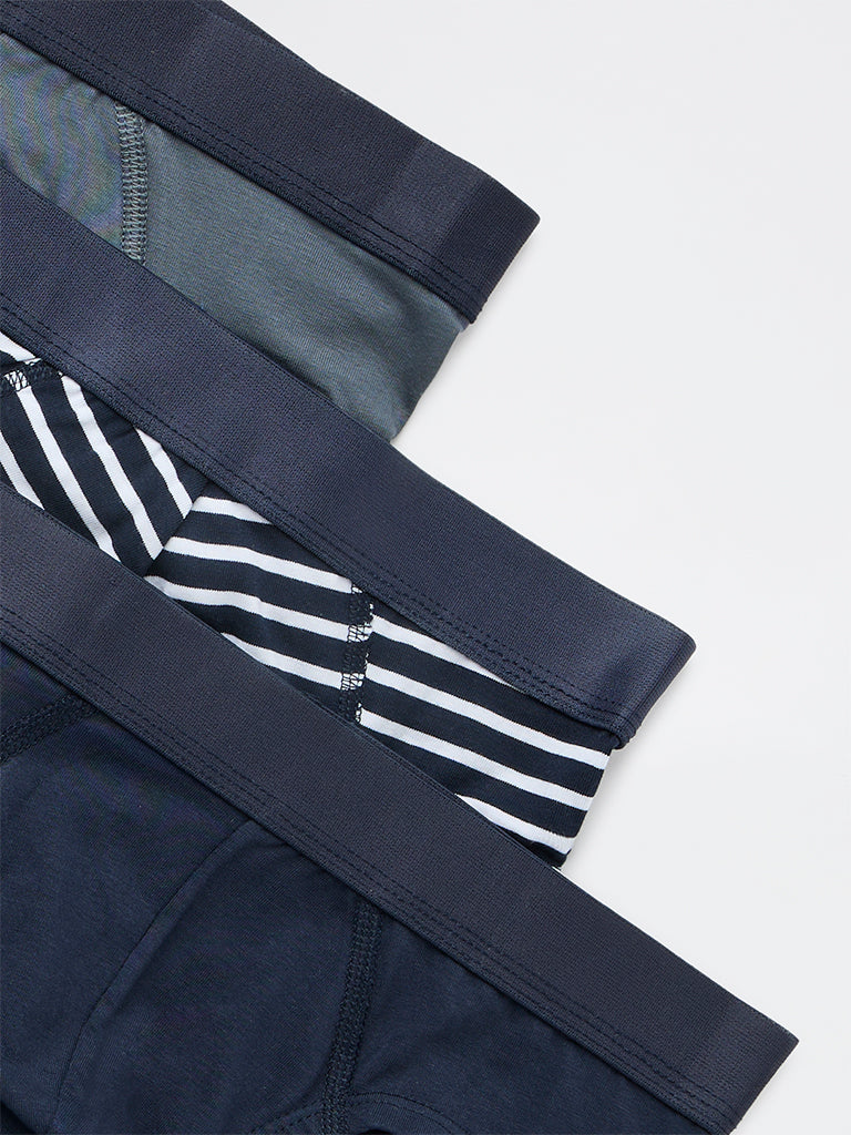 WES Lounge Dark Navy Striped Cotton-Blend Briefs - Pack of 3