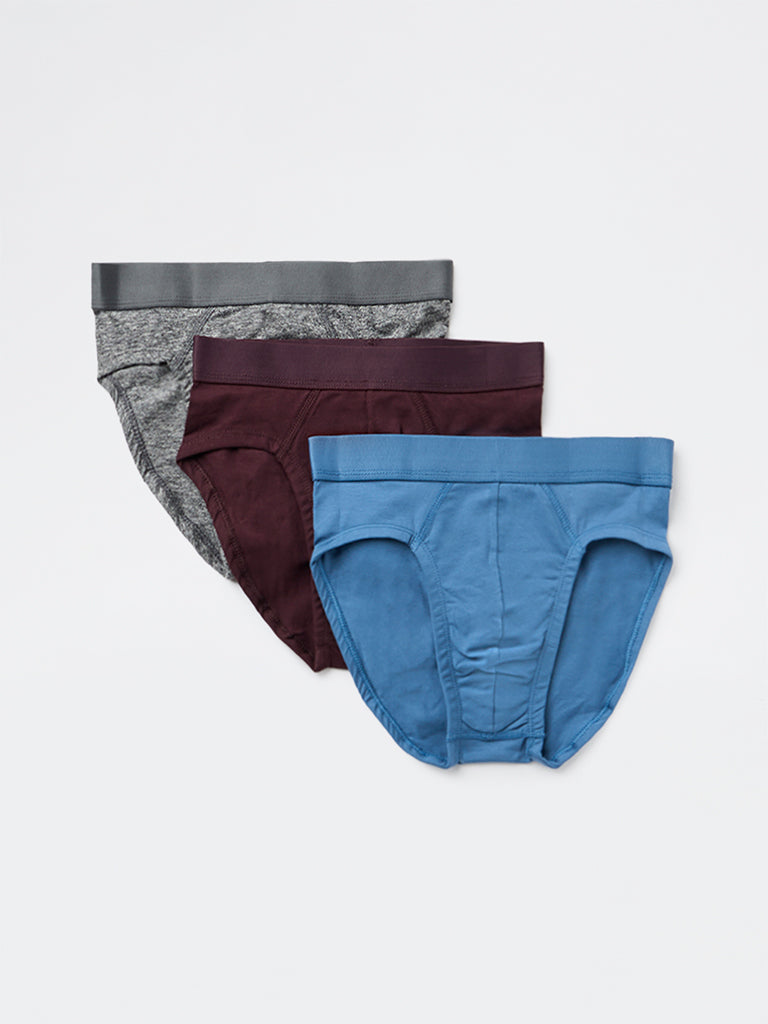 WES Lounge Blue Solid Cotton-Blend Briefs - Pack of 3