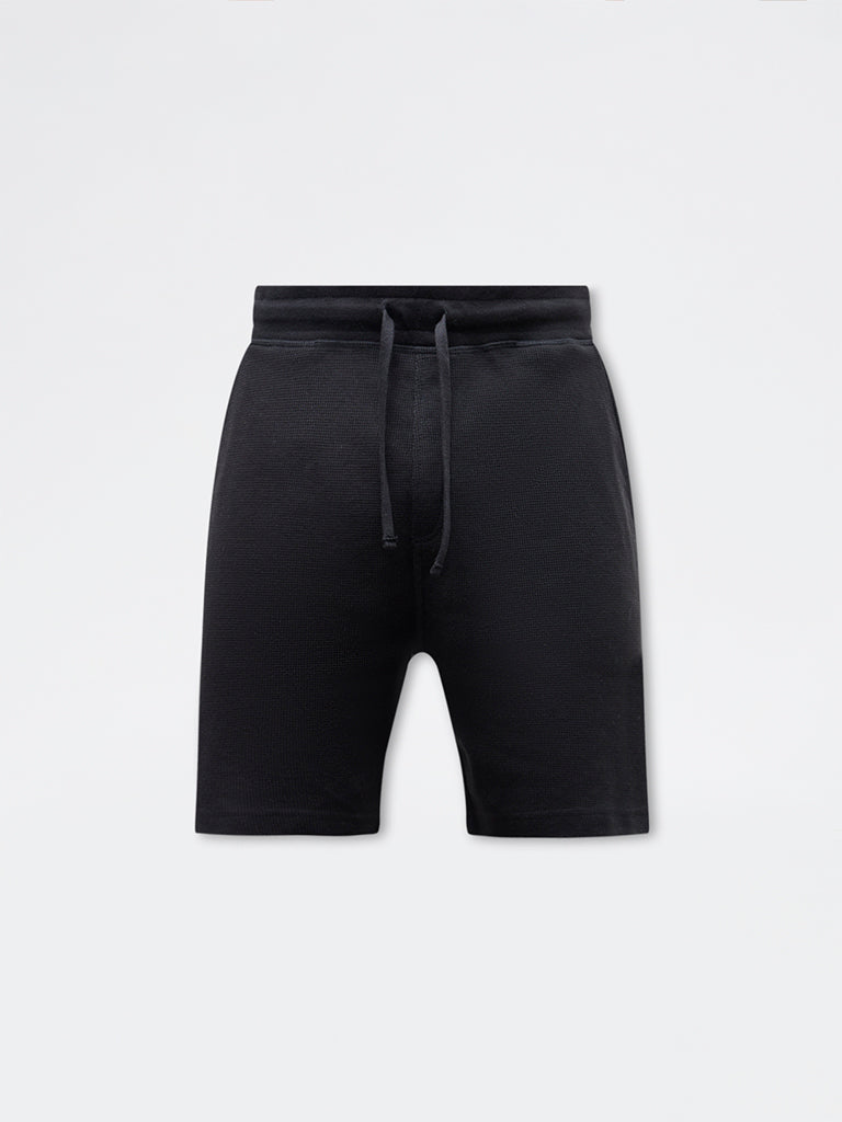 WES Lounge Black Waffle-Textured Relaxed-Fit Mid-Rise Cotton-Blend Shorts