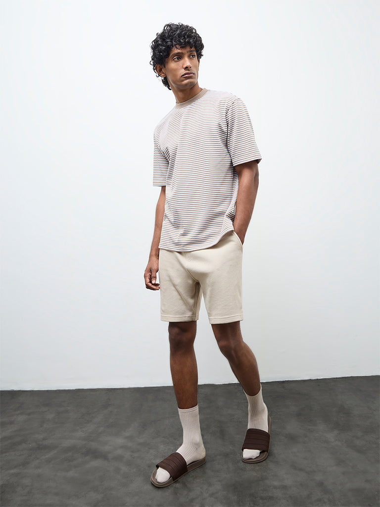 WES Lounge Beige Waffle-Textured Relaxed-Fit Mid-Rise Cotton-Blend Shorts