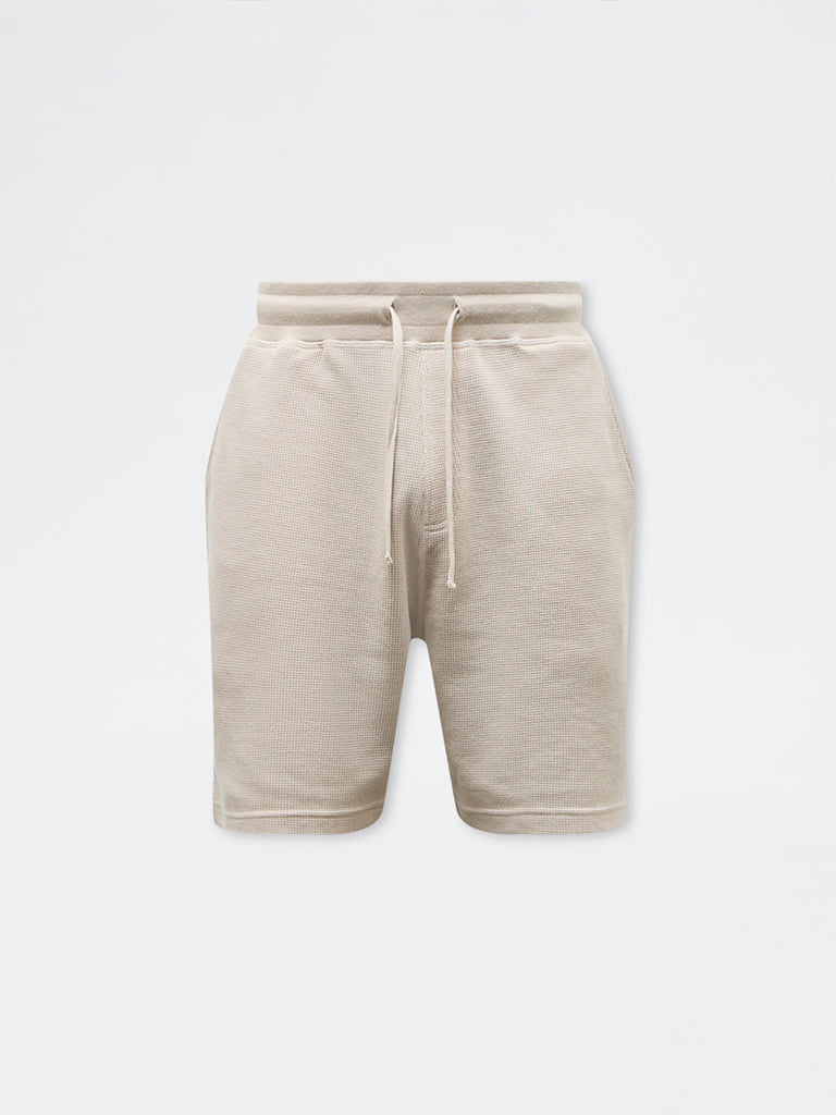 WES Lounge Beige Waffle-Textured Relaxed-Fit Mid-Rise Cotton-Blend Shorts