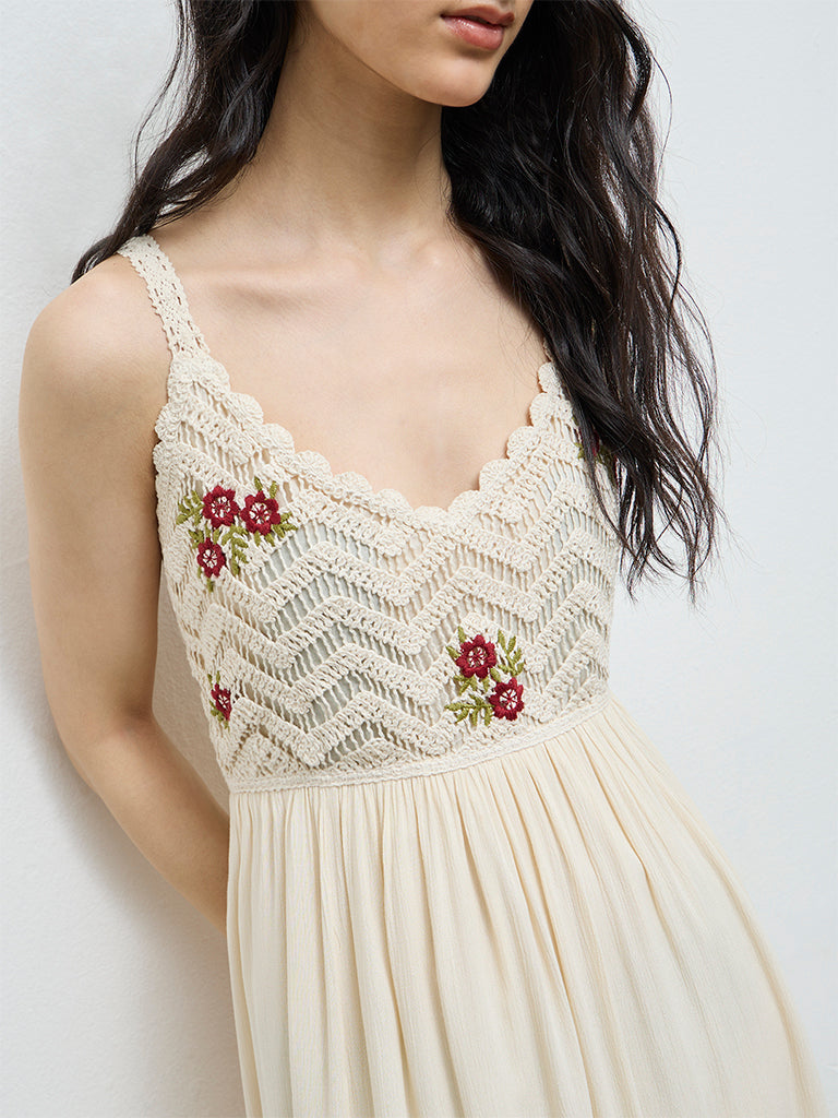 Buy Bombay Paisley Cream Crochet-Knitted A-Line Dress from Westside