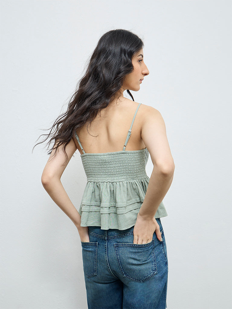 Bombay Paisley Sage Embroidered Cotton Peplum Top
