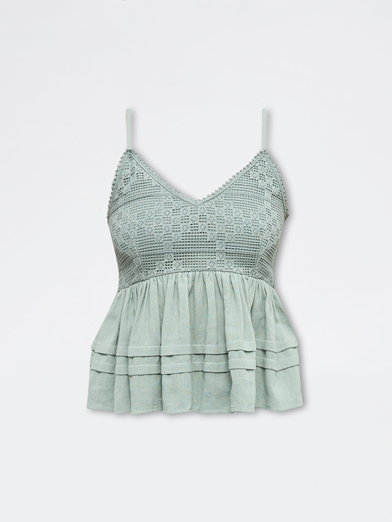 Bombay Paisley Sage Embroidered Cotton Peplum Top