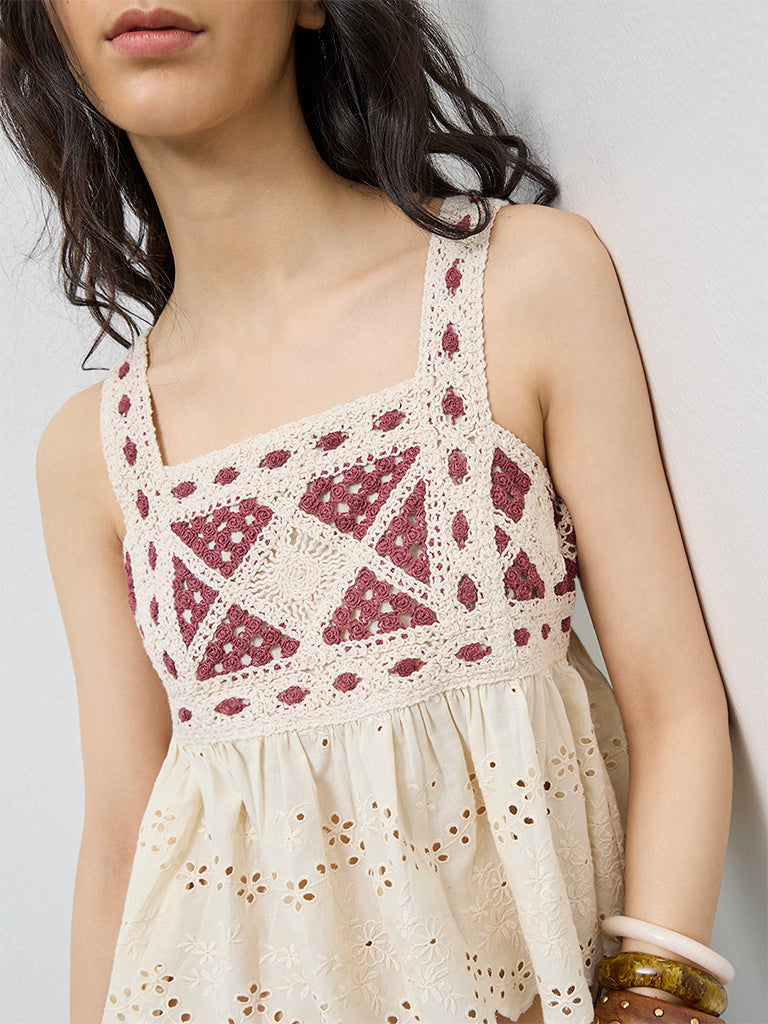 Buy Bombay Paisley Off-White Crochet Knit Cotton Top from Westside