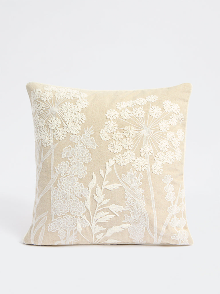 Westside Home Beige Floral Embroidered Cushion Cover