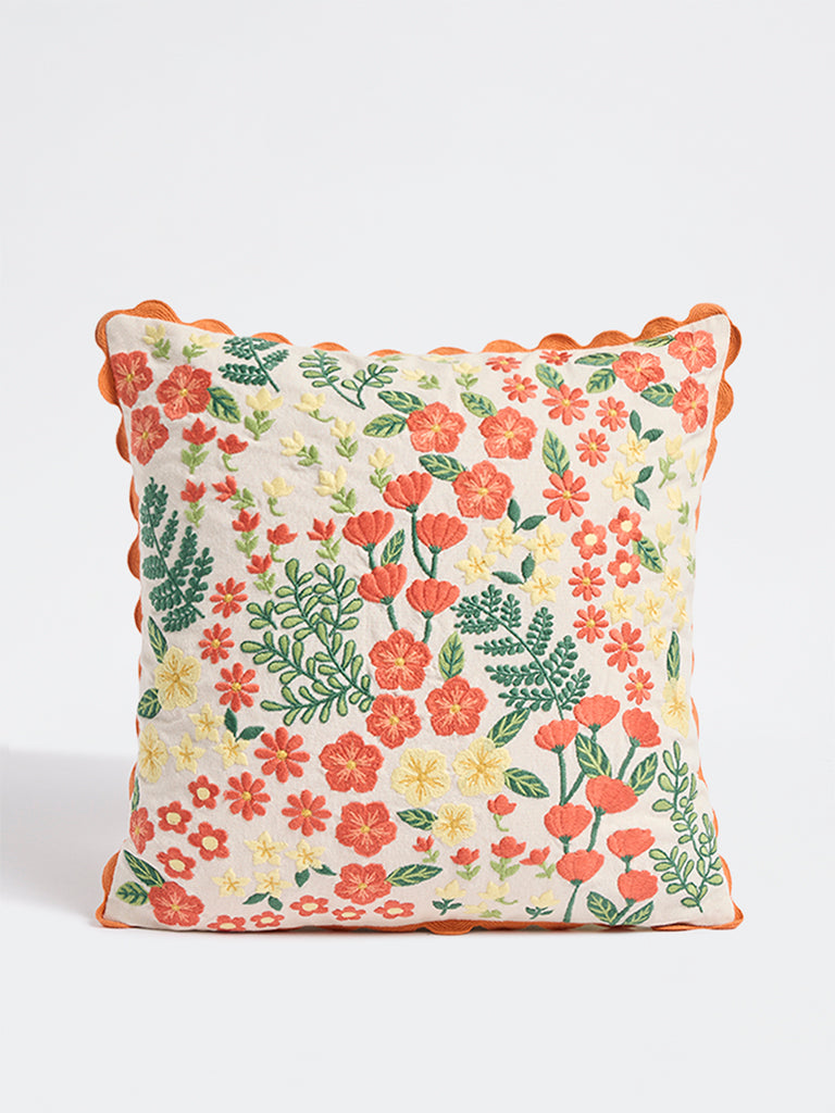 Westside Home Orange Floral Embroidered Cushion Cover
