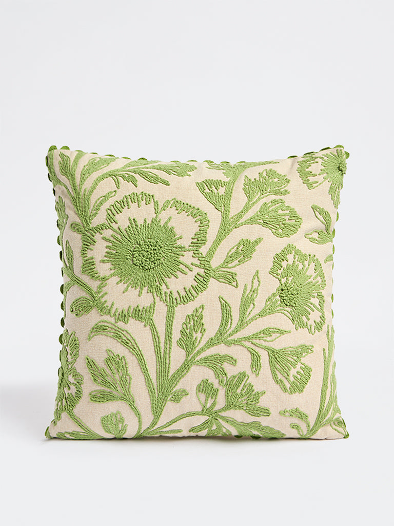 Westside Home Green Floral Embroidered Cushion Cover