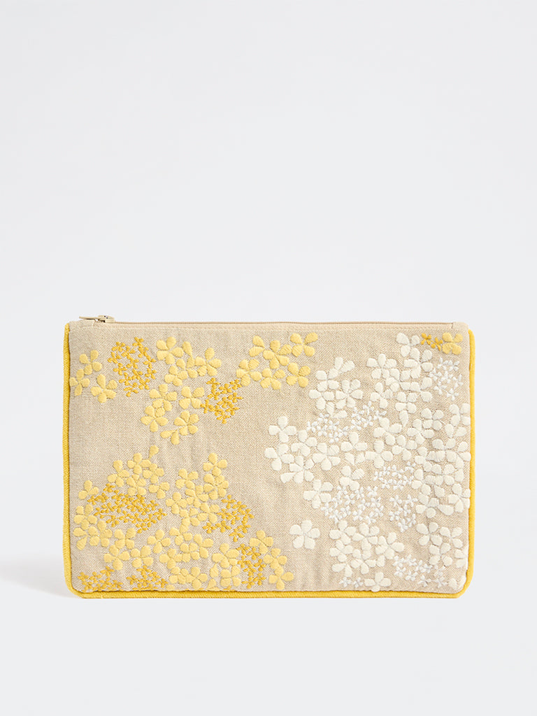 Westside Home Yellow Beige Embroidered Pouch
